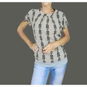 Hapsho Forest Green Aztec Print High Low Boho Top Small Cap Sleeves Button Back